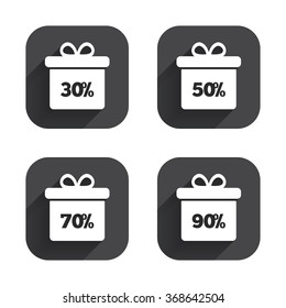 Sale gift box tag icons. Discount special offer symbols. 30%, 50%, 70% and 90% percent discount signs. Square flat buttons with long shadow.