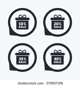 Sale gift box tag icons. Discount special offer symbols. 10%, 20%, 30% and 40% percent sale signs. Flat icon pointers.