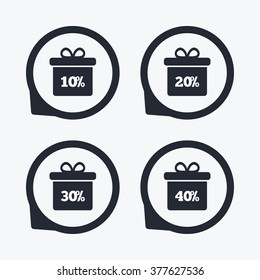Sale gift box tag icons. Discount special offer symbols. 10%, 20%, 30% and 40% percent discount signs. Flat icon pointers.