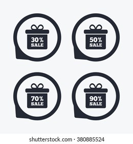 Sale gift box tag icons. Discount special offer symbols. 30%, 50%, 70% and 90% percent sale signs. Flat icon pointers.