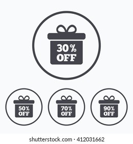 Sale gift box tag icons. Discount special offer symbols. 30%, 50%, 70% and 90% percent off signs. Icons in circles.