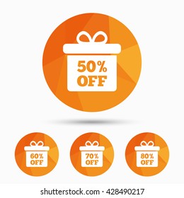 Sale gift box tag icons. Discount special offer symbols. 50%, 60%, 70% and 80% percent off signs. Triangular low poly buttons with shadow. Vector