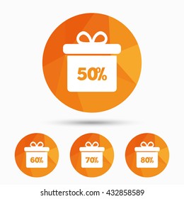 Sale gift box tag icons. Discount special offer symbols. 50%, 60%, 70% and 80% percent discount signs. Triangular low poly buttons with shadow. Vector