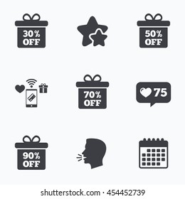 Sale gift box tag icons. Discount special offer symbols. 30%, 50%, 70% and 90% percent off signs. Flat talking head, calendar icons. Stars, like counter icons. Vector