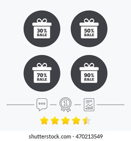 Sale gift box tag icons. Discount special offer symbols. 30%, 50%, 70% and 90% percent sale signs. Chat, award medal and report linear icons. Star vote ranking. Vector