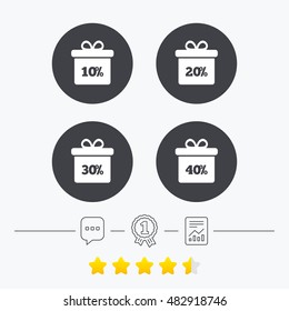 Sale gift box tag icons. Discount special offer symbols. 10%, 20%, 30% and 40% percent discount signs. Chat, award medal and report linear icons. Star vote ranking. Vector