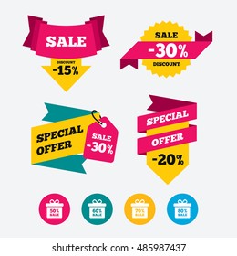 Sale gift box tag icons. Discount special offer symbols. 50%, 60%, 70% and 80% percent sale signs. Web stickers, banners and labels. Sale discount tags. Special offer signs. Vector