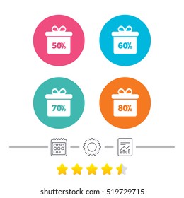 Sale gift box tag icons. Discount special offer symbols. 50%, 60%, 70% and 80% percent discount signs. Calendar, cogwheel and report linear icons. Star vote ranking. Vector