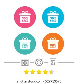 Sale gift box tag icons. Discount special offer symbols. 30%, 50%, 70% and 90% percent sale signs. Calendar, cogwheel and report linear icons. Star vote ranking. Vector