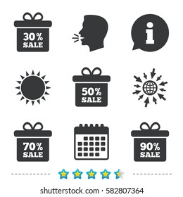 Sale gift box tag icons. Discount special offer symbols. 30%, 50%, 70% and 90% percent sale signs. Information, go to web and calendar icons. Sun and loud speak symbol. Vector