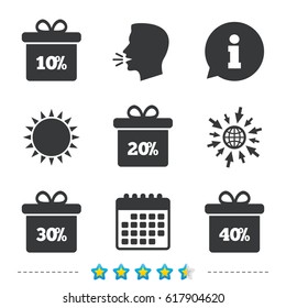Sale gift box tag icons. Discount special offer symbols. 10%, 20%, 30% and 40% percent discount signs. Information, go to web and calendar icons. Sun and loud speak symbol. Vector