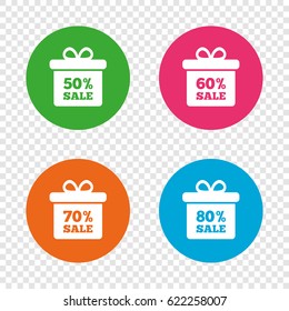Sale gift box tag icons. Discount special offer symbols. 50%, 60%, 70% and 80% percent sale signs. Round buttons on transparent background. Vector