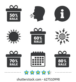 Sale gift box tag icons. Discount special offer symbols. 50%, 60%, 70% and 80% percent sale signs. Information, go to web and calendar icons. Sun and loud speak symbol. Vector