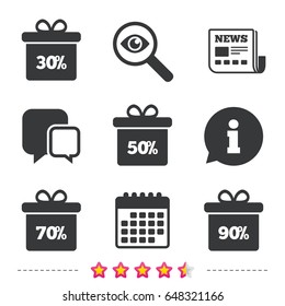 Sale gift box tag icons. Discount special offer symbols. 30%, 50%, 70% and 90% percent discount signs. Newspaper, information and calendar icons. Investigate magnifier, chat symbol. Vector