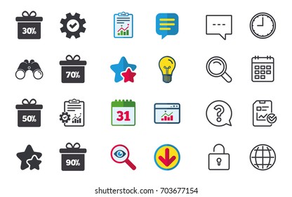 Sale gift box tag icons. Discount special offer symbols. 30%, 50%, 70% and 90% percent discount signs. Chat, Report and Calendar signs. Stars, Statistics and Download icons. Question, Clock and Globe