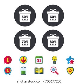 Sale gift box tag icons. Discount special offer symbols. 50%, 60%, 70% and 80% percent sale signs. Calendar, Information and Download signs. Stars, Award and Book icons. Light bulb, Shield and Search