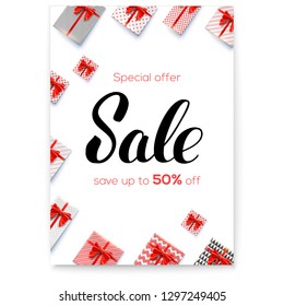 Sale. Gift boxes with red ribbons and bows on white. Great discount up to 50 percent off. Calligraphic lettering of brush pen. Vector illustration for retail online shopping holidays discount actions