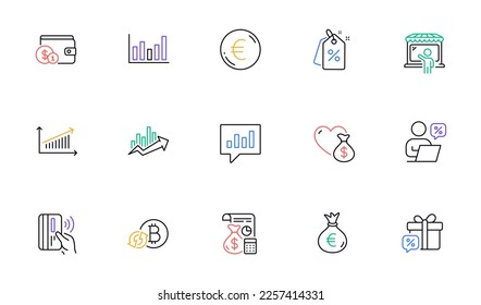 Sale gift, Online discounts and Euro money line icons for website, printing. Collection of Market seller, Column chart, Discount tags icons. Buying accessory, Growth chart. Vector