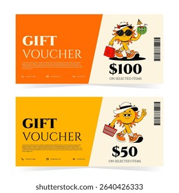 Sale gift voucher card, coupon promotion, certificate, ticket template, discount, sale banner. Vector illustration set with funky groovy character sun