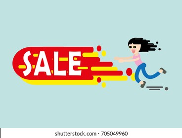 Sale, The girl was running along its lower price tag. Abstract, Flat illustration.