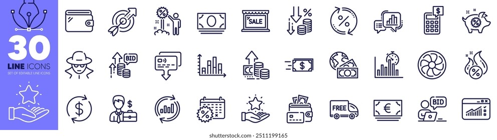 Sale, Global business and Money line icons pack. Inflation, Loan percent, Diagram graph web icon. Report timer, Card, Businessman case pictogram. Loyalty program, Hot loan, Bid offer. Vector