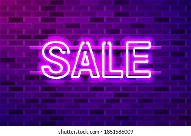 SALE glowing neon lamp sign. Realistic vector illustration. Purple brick wall, violet glow, metal holders.