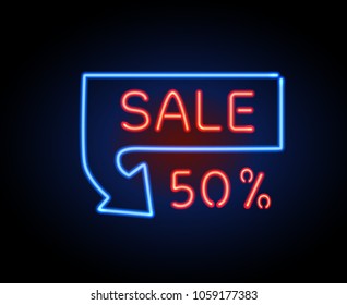 Sale glowing neon letters in arrow frame sign design. Light shining, glowing text colorful vector background for your shop, store, web advertisement, discounts and business