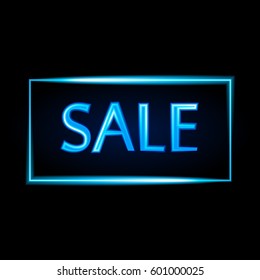 Sale glowing neon sign in frame on black background. Light vector background for your advertise, discounts and business.