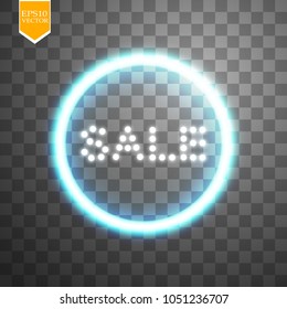 Sale glowing neon sign on the transparent background. Light vector background for your advertise, discounts and business.