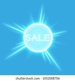 Sale glowing neon sign on the blue background. Light vector background for your advertise, discounts and business.