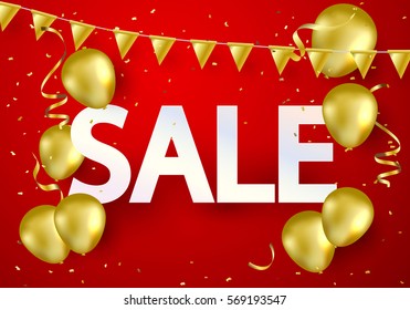 Sale Gold balloons confetti and streamers on red background. Vector illustration.