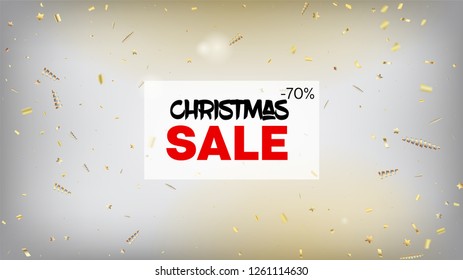 Sale Gold Confetti, Falling Stars, Streamers, Tinsel. Horizontal Magic Shapes Background. Cool Glamour Christmas, New Year, Birthday Party Holiday Border. Gold Confetti, Falling Down Stars.