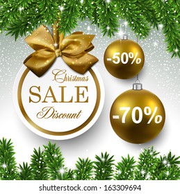 Sale golden round labels. Christmas balls over starry background with fir branches. Vector illustration. 