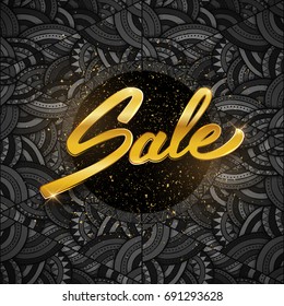 Sale golden text advertisement, round banner, black friday, vector illustration