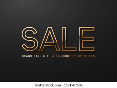 Sale, golden text. Sale vector lettering of gold on black background