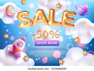 Sale Goods for Sleep and Rest Ads Banner Concept Poster Card with Flight Spaceship Plasticine Cartoon Style. Vector illustration