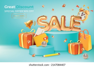 Sale Great Discount Ads Banner Concept Poster Card Podium Platform Stage Product and Gift Box. Vector illustration