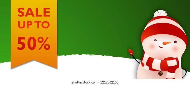 Sale green coupon with cartoon snowman. Creative design with inscription on sale with cartoon snowman. Can be used for posters, fliers, advertisement