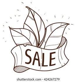 Sale. Green leaves, guitar, shirt. Outline drawing for design.