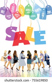 Sale. Group of shopping women with shopping bags in a store. Black Friday.
