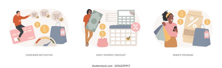 Sale growth strategy isolated concept vector illustration set. Consumer motivation, early payment discount, rebate program, customer loyalty, sales invoice, discount coupon vector concept.