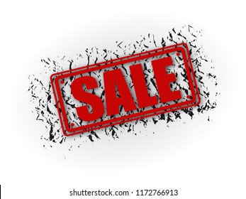 Sale grunge red square stamp with black dirty spots on white background. Vector illustration with ground cracks texture