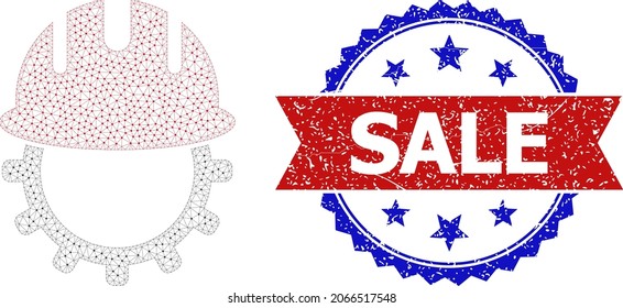Sale grunge stamp seal, and mechanics engineering icon mesh model. Red and blue bicolor stamp seal contains Sale title inside ribbon and rosette. Abstract flat mesh mechanics engineering,