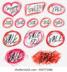 Sale grunge stickers set isolated on white. Lettering and calligraphic design elements imitating writing by hand and pencil strokes in red and black. Biggest discounts. Vector illustration