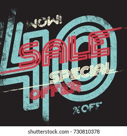 Venda grunge vintage poster. Modelo de oferta especial de desconto de 40%. Ilustração vetorial.