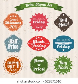 Sale grunge vintage stamp set with words half price great discount buy now and others flat vector illustration 