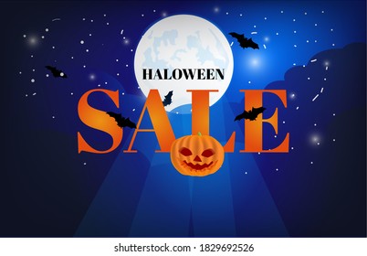 Sale for halloween blue background and moon pumpkin