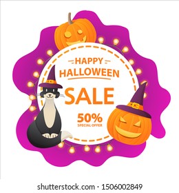 Sale halloween festive banner with a black kitten and a hat and a pumpkin and garlands. Offers a 50% discount .Flat vector illustration.