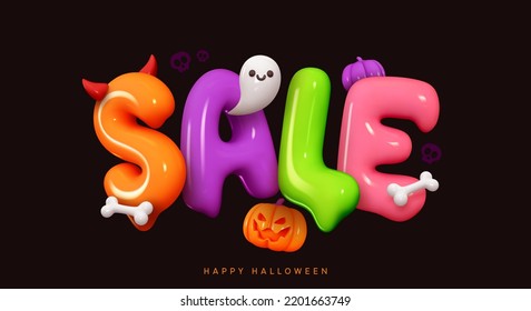 Sale Halloween promo banner. Happy Halloween background. Bright colorful text Sale. Realistic 3d design in cartoon style. Web poster, stylish flyer, holiday greeting card. vector illustration