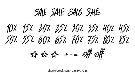 Sale hand drawn lettering collection in vector. Big set of discount percent labels.